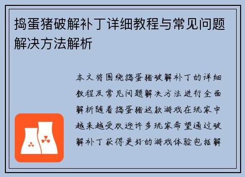 捣蛋猪破解补丁详细教程与常见问题解决方法解析